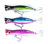 Pack of 3 Large Top Water Poppers 4.75 in/ 1.5 Oz Artificial Seal Lure 3D Eyes with Hooks and Ring for Saltwater Offshore, Surf Fishing Striped Bass, Bluefish