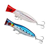 ansari 2 Pcs Saltwater Fishing Popper Lure 4.92 in/1.41 oz Topwater Popper Lure Artificial Lure Big Game 3D Eyes Hard Baits with Treble Hooks for Striped Bass,Trout,Tuna,Bluefish