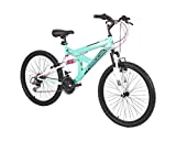 Dynacraft Vertical Dual Suspension Mountain Bike Girls 24 Inch Wheels with 18 Speed Grip Shiter and Dual Hand Brakes in Teal and Pink