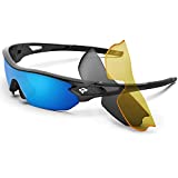 Torege Polarized Sports Sunglasses With 3 Interchangeable Lenes for Men Women Cycling Running Driving Fishing Golf Baseball Glasses TR002 Upgrade (Black&Ice blue lens)