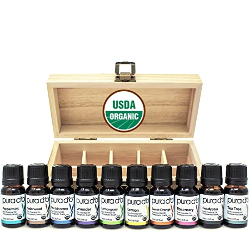 PURA D’OR Perfect 10 Essential Oil Wood Box Set 10mL USDA...