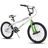 Hiland 20 inch BMX Bike for Kids and Beginner-Level to Advanced Riders with 2 Pegs, White