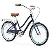 sixthreezero EVRYjourney Women's Hybrid Cruiser Bike, 3-Speed Step-Through Hybrid Bicycle, 14 Inch Frame, 24 Inch Wheels, Navy with Brown Seat and Grips