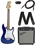 Squier by Fender Short Scale Stratocaster Pack with Frontman 10G Amp, Cable, Strap, and Picks - Blue